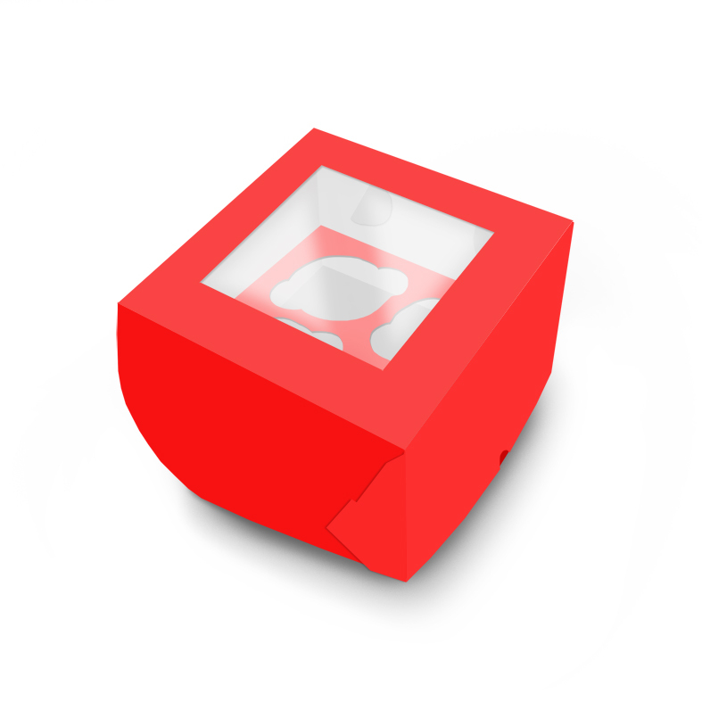 Коробка для 4 капкейков, Красная, с КВАДРАТНЫМ окном,160*160*100мм, шт
