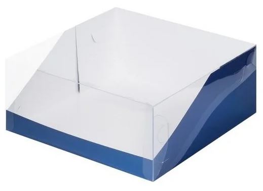 Коробка для торта с пластиковой крышкой, Синяя матовая 235*235*100 мм, шт