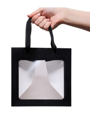 Пакет крафт с квадратным дном и окном 20*20*20 см Черный