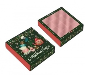 Коробка для 16 конфет с окном, Новогоднее чаепитие