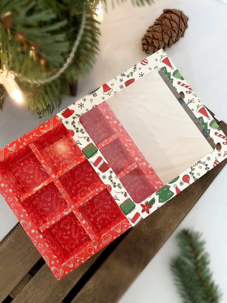 Коробка для 9 конфет с окном, "Рождественский подарок", 138*138*35мм, шт