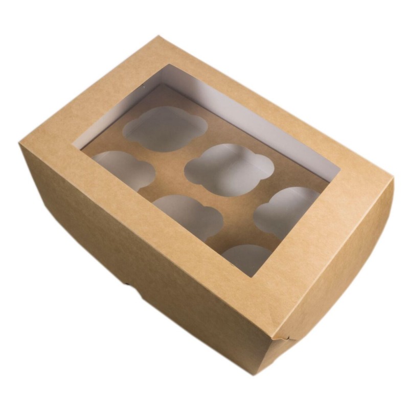 Коробка для 6 МИНИ-капкейков, КРАФТ с окном, 186*131*80мм, d45мм, шт