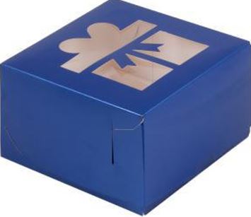 Коробка для 4 капкейков С ОКНОМ "Подарок" Синяя Глянцевая, 160*160*100мм, шт