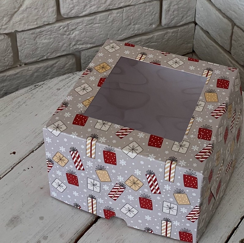 Коробка для 4 капкейков "Подарки" с окном, 160*160*100мм, шт