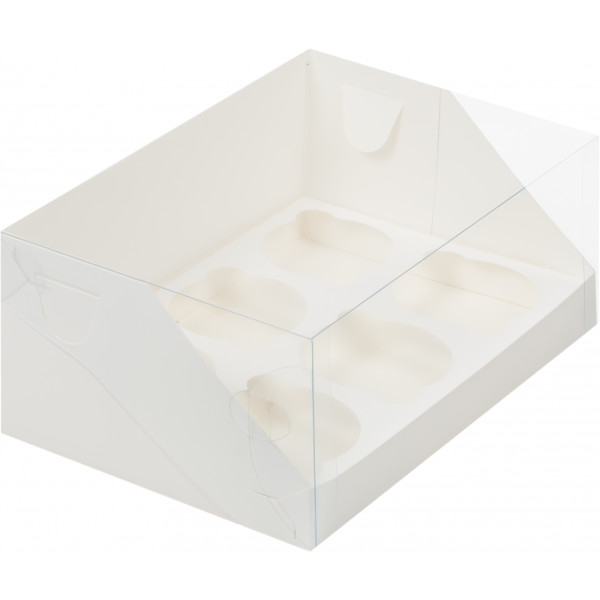 Коробка для капкейков, 250x170x100мм, на 6 капкейков белая с прозрачной крышкой, АРТ