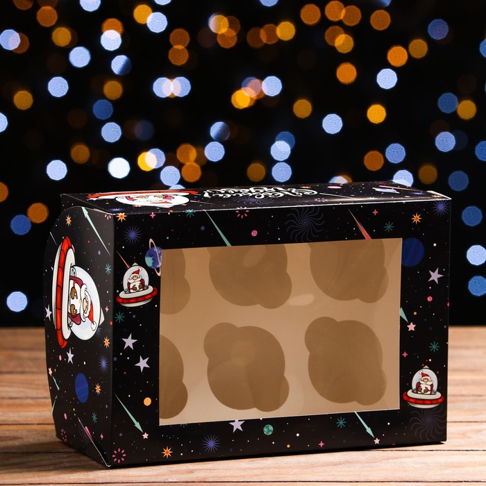Коробка для 6 капкейков "Космический Дед Мороз" с окном, 250*170*100мм, шт