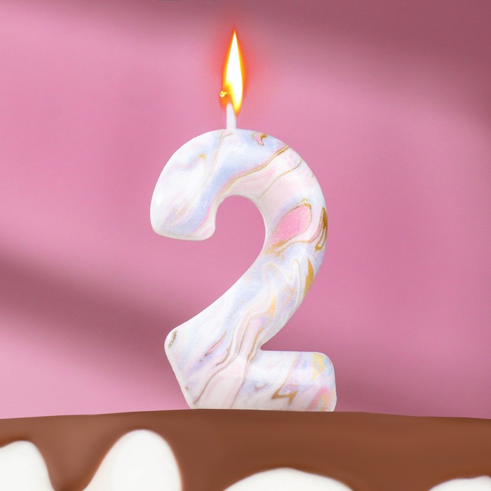 Свеча в торт "Белый мрамор" цифра "2", h8см, шт