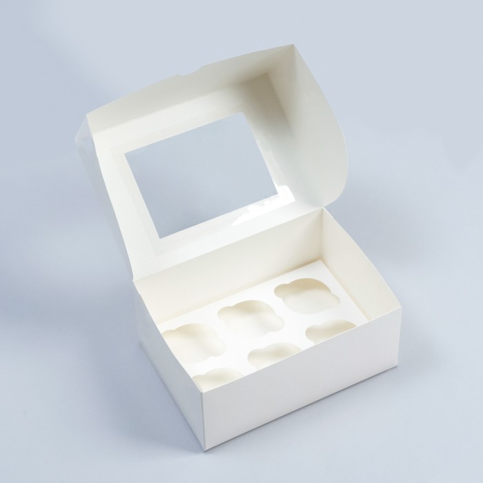 Коробка для 6 МИНИ-капкейков, Белый, с КВАДРАТНЫМ окном, 186*131*80мм, d45мм, шт