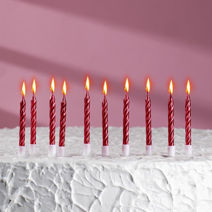 Свечи в торт "Спираль", средние, Красный металлик, h7см,10шт набор