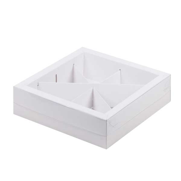 Коробка под ассорти десертов с пластиковой крышкой БЕЛАЯ, 4 или 6 ячеек, 200*200*55мм, шт