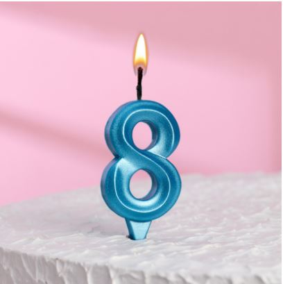 Свеча в торт "Грань" цифра "8" голубой металлик, шт