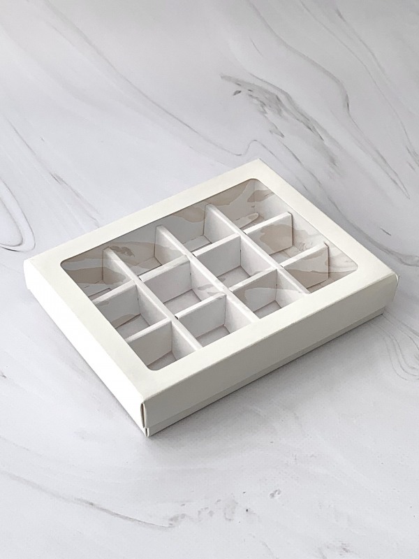 Коробка для 12 конфет с окном, Белая, 190*150*36мм, шт