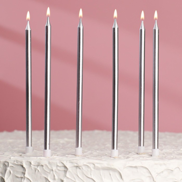 Свечи в торт "С днем рождения" 6 шт, Серебро, h14см, набор