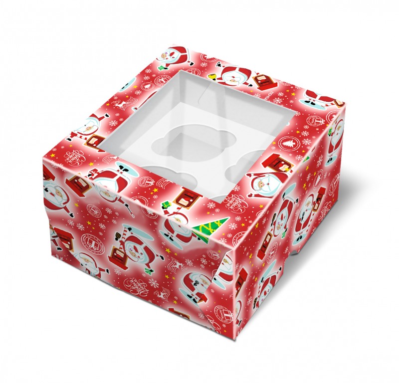 Коробка для 4 капкейков "Новогодняя почта" с окном, 160*160*100мм, шт