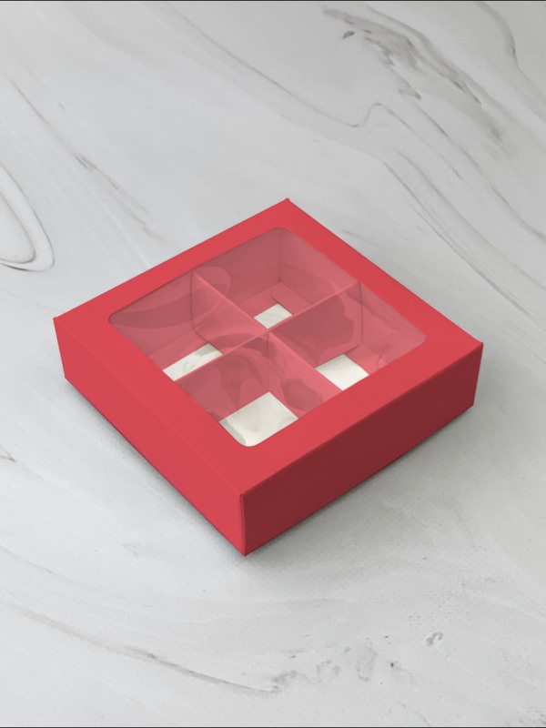 Коробка для 4 конфет с окном, Красная, 126*126*35, шт