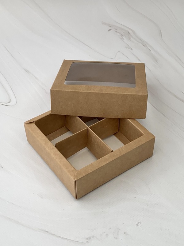 Коробка для 4 конфет с окном, Крафт, 126*126*35мм, шт
