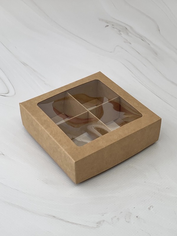 Коробка для 4 конфет с окном, Крафт, 126*126*35мм, шт