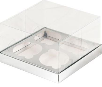 Коробка для 4 капкейков ПРЕМИУМ с прозрачной крышкой СЕРЕБРО, 160*160*100мм, шт