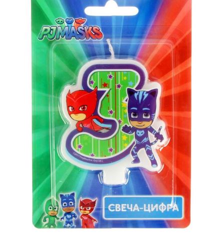 Свеча для торта цифра "PJ Masks "Герои в масках" зелёная "3",1 шт.