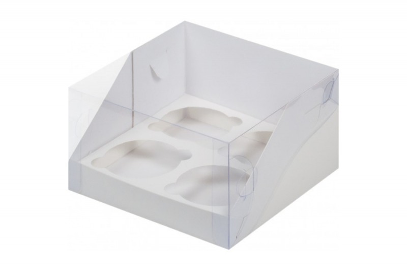 Коробка для капкейков, 160x160x100мм, на 4 капкейка, с окном белая с прозрачной крышкой, АРТ