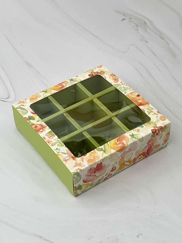 Коробка для 9 конфет с окном, Весна Зеленая, 145*145*33, шт