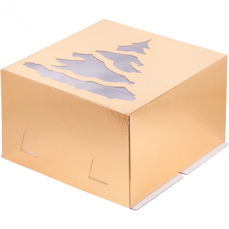Коробка для торта с окном ЁЛКА ЗОЛОТО, 300*300*190, хром-эрзац , РК,шт