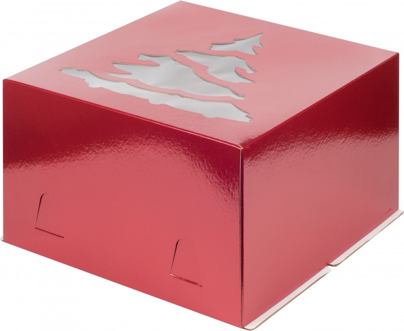 Коробка для торта с окном ЁЛКА КРАСНАЯ (cherry) 300*300*190, хром-эрзац, РК,шт