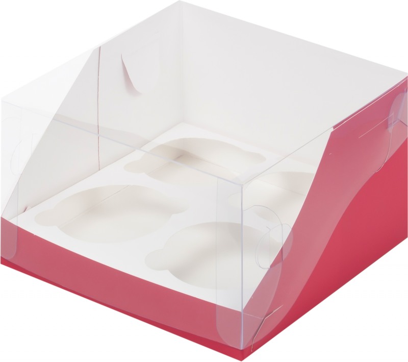Коробка для 4 капкейков с пластиковой крышкой, КРАСНАЯ матовая, 160*160*100мм, шт