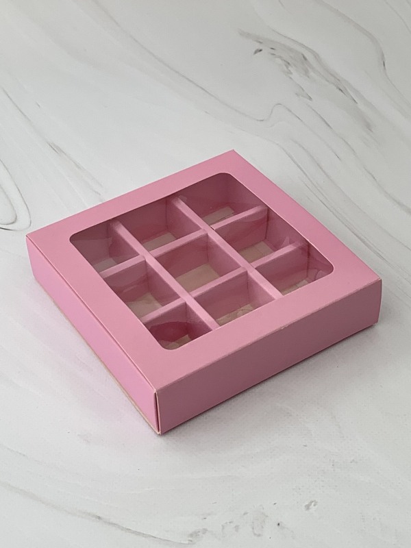 Коробка для 9 конфет с окном, Розовая, 145*145*33, шт