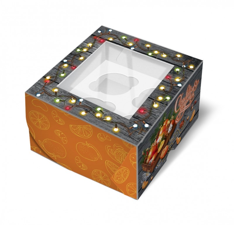 Коробка для 4 капкейков "Мандарины", с окном, 160*160*100мм, шт