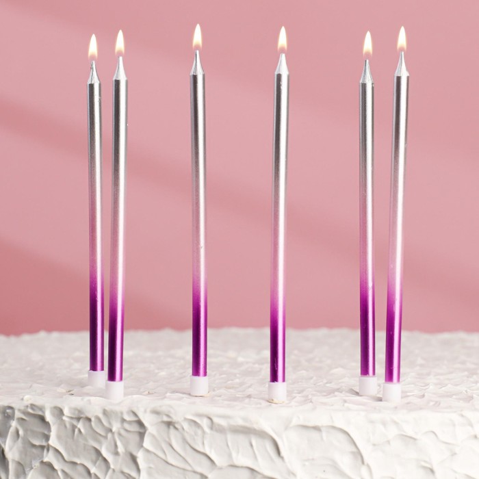 Свечи в торт "Ройс.Градиент", фиолет/розовый/серебро, h14см, 6шт набор