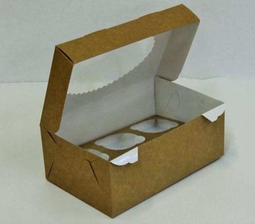 Коробка для капкейков, 250x170x100мм, на 6 капкейков, картон, Крафт, с окном, АРТ