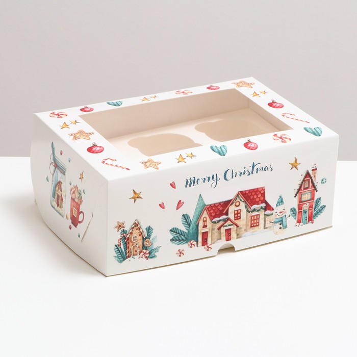 Коробка для 6 капкейков "Merry Christmas" Белая с окном, 250*170*100мм, шт