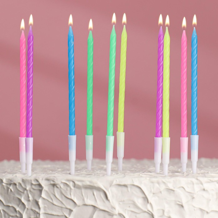 Свечи в торт "Неон" разноцветные, h14см, 10шт набор