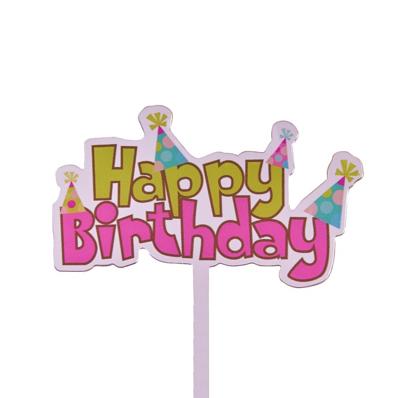 Топпер в торт Happy Birthday, прозрачный с цветной надписью, шт