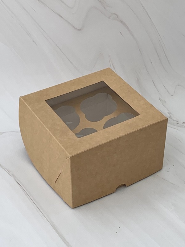 Коробка для 4 капкейков, Крафт, с КВАДРАТНЫМ окном, 160*160*100мм, шт