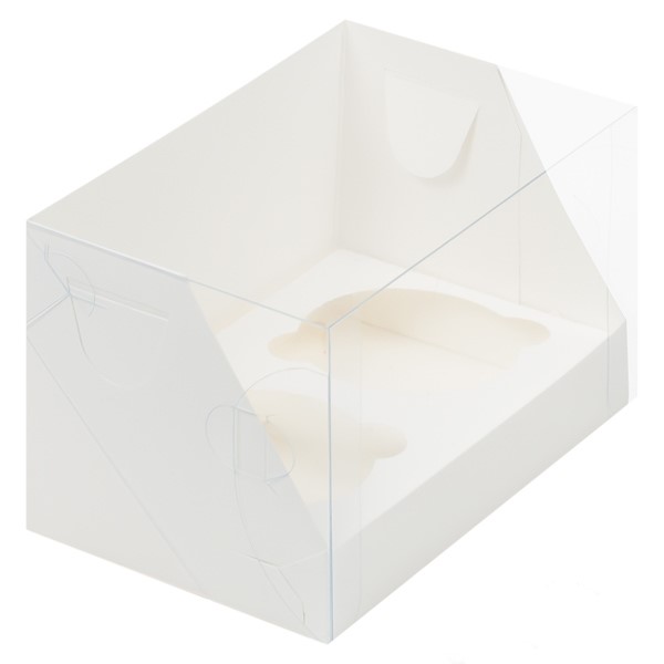Коробка для капкейков, 160x100x100мм, на 2 капкейка Белая, с прозрачной крышкой, АРТ
