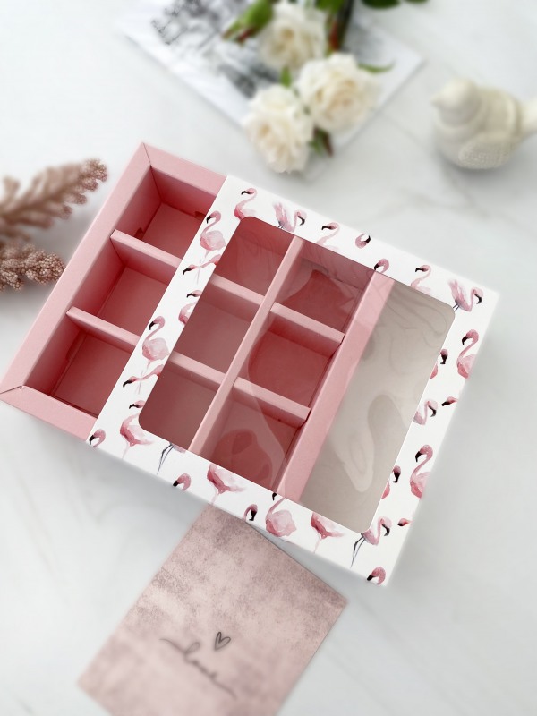 Коробка для 9 конфет с окном, Фламинго, 138*138*38, шт
