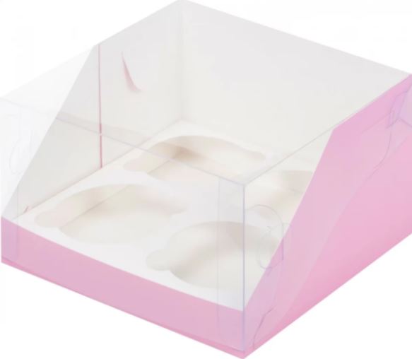 Коробка для 4 капкейков с пластиковой крышкой, РОЗОВАЯ матовая, 160*160*100мм, шт